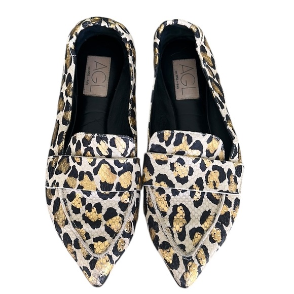 AGL Italy Softy Metallic Gold Leopard Leather Snakeskin Loafers Moccasins 38 / 8 - Picture 7 of 16